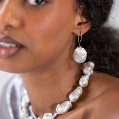 Baroque White Pearl Drop Earrings in 18k Gold