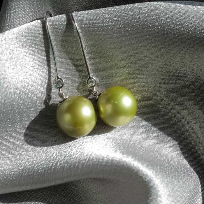 South Sea Pistachio Green Pearl Earrings with Diamond and 18k White Gold