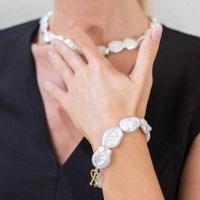 White Oval Keshi Pearl Bracelet Silver Gold Plated