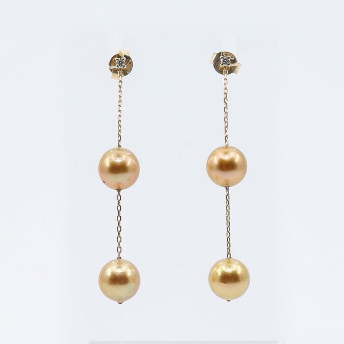 South Sea Pearl Golden Color Drop Earring with Diamond - Image 3