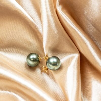 Peacock Green South Sea Pearl 13mm Stud Earrings in 18k Gold